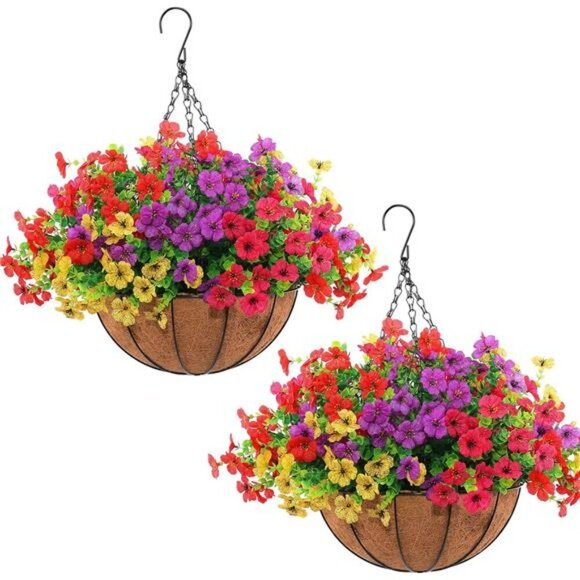 Artificial Hanging Flower Basket Set Outdoor Patio Porch Garden Decor Plants - Picture 1 of 8